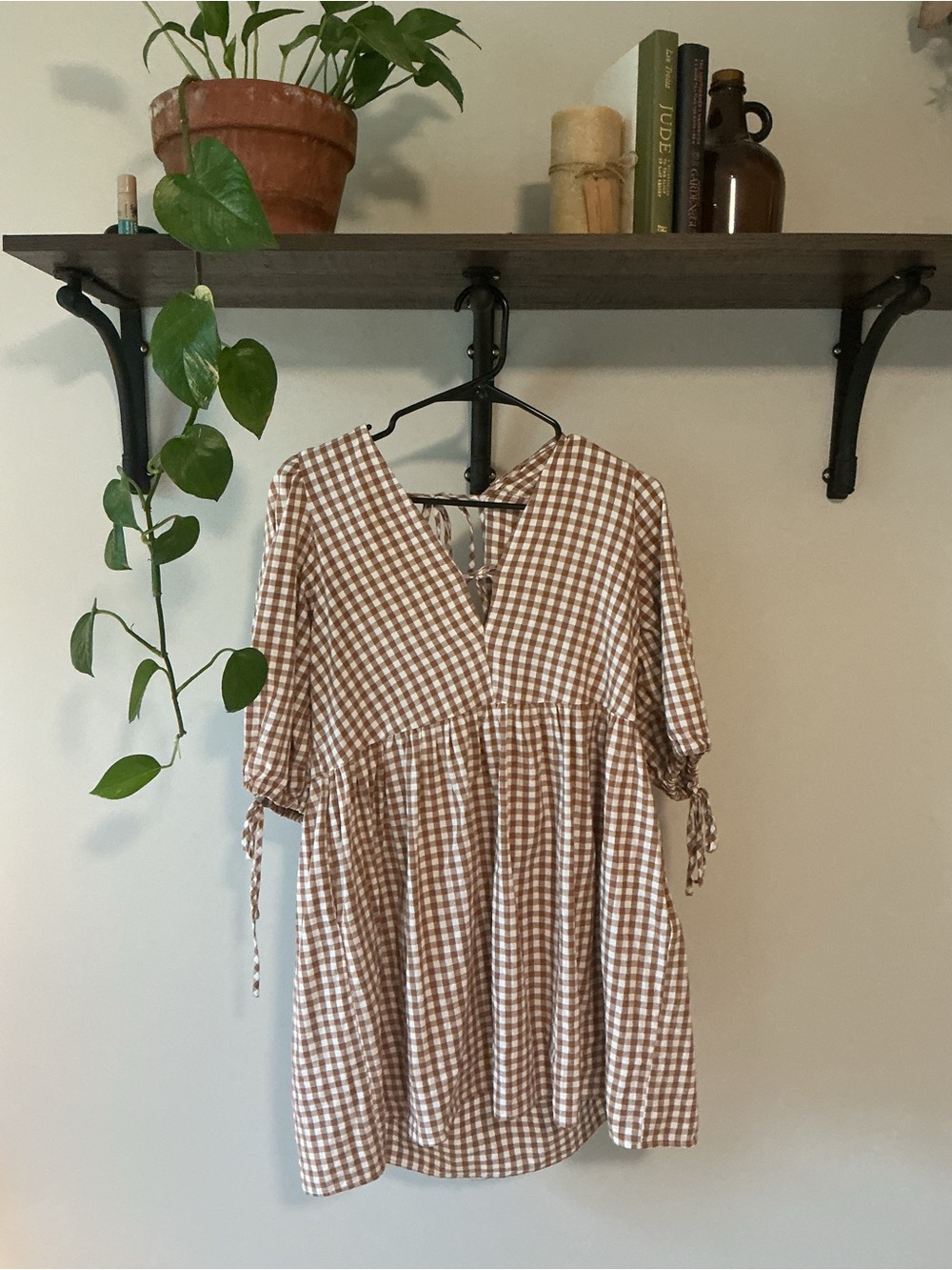 Brown Gingham Mini Dress with Tie Sleeve Detail
